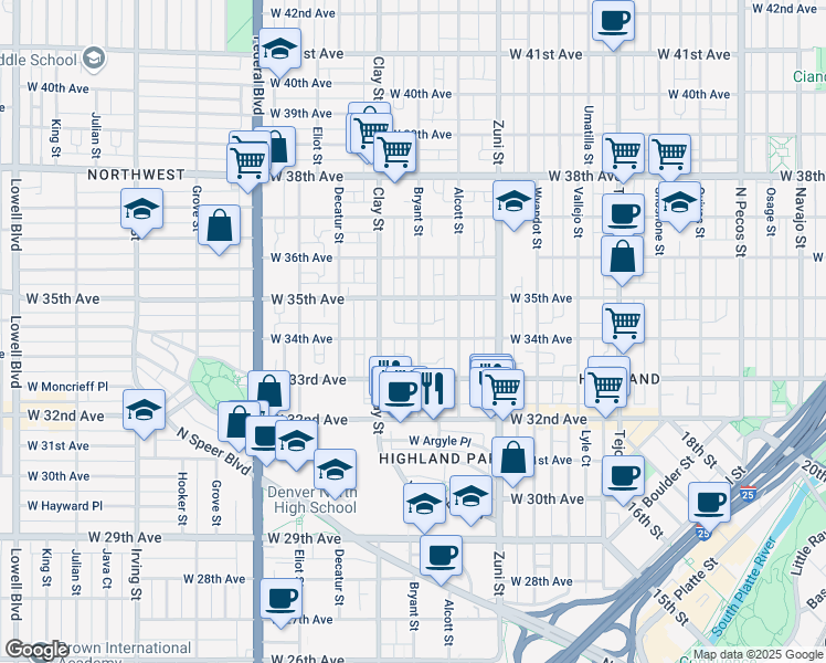 map of restaurants, bars, coffee shops, grocery stores, and more near 2600 West 35th Avenue in Denver