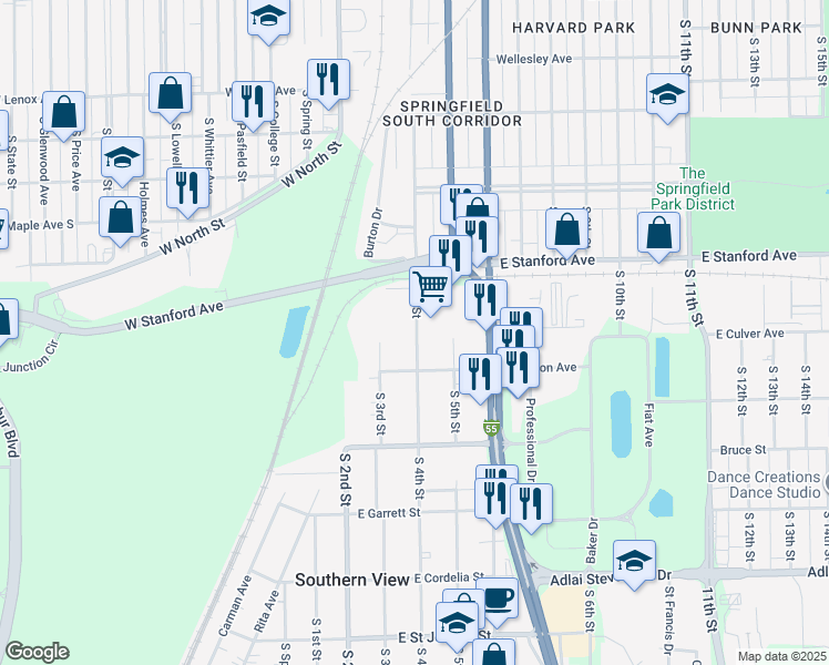 map of restaurants, bars, coffee shops, grocery stores, and more near 2799 South 4th Street in Springfield