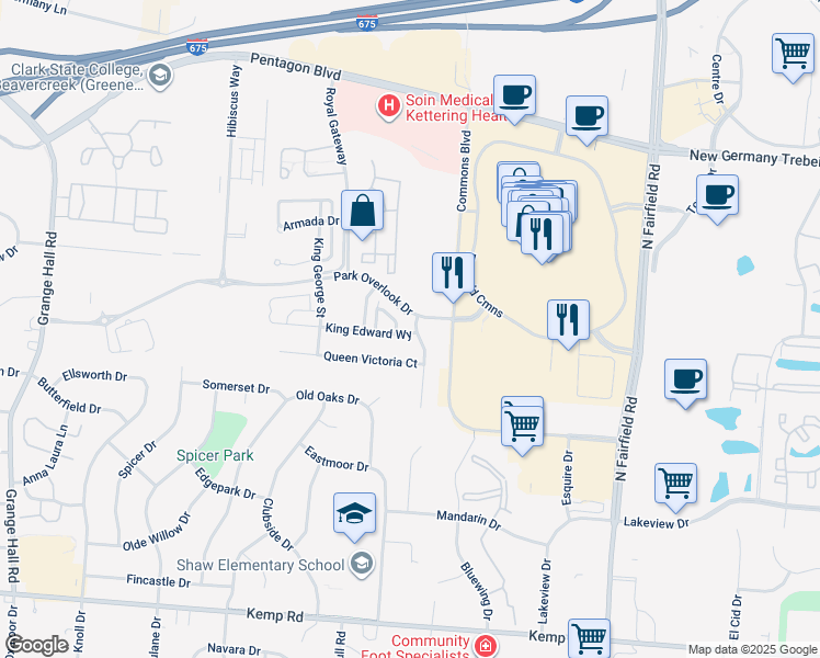 map of restaurants, bars, coffee shops, grocery stores, and more near 3484 King Edward Way in Beavercreek