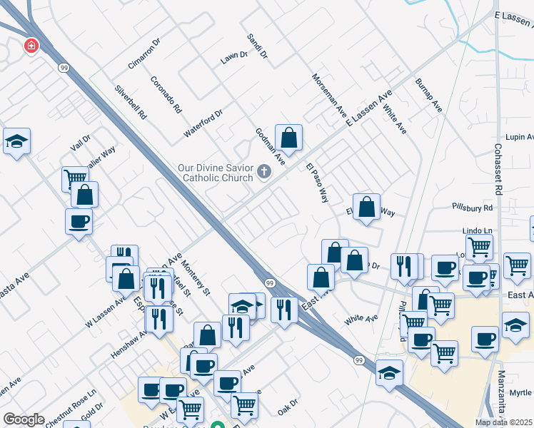 map of restaurants, bars, coffee shops, grocery stores, and more near 567 East Lassen Avenue in Chico