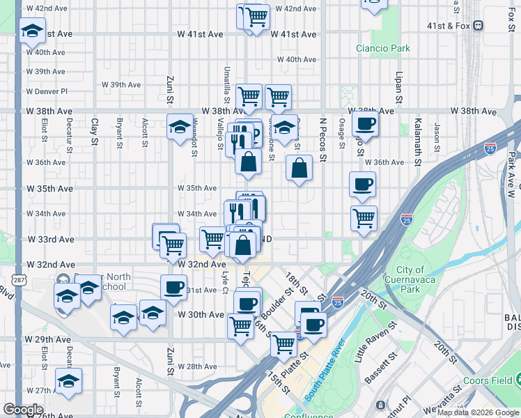 map of restaurants, bars, coffee shops, grocery stores, and more near in Denver