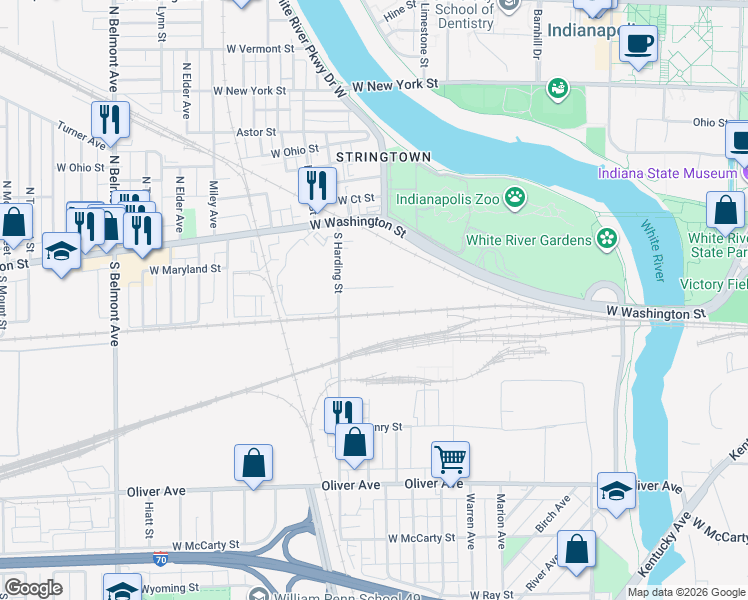 map of restaurants, bars, coffee shops, grocery stores, and more near 135 North Harding Street in Indianapolis