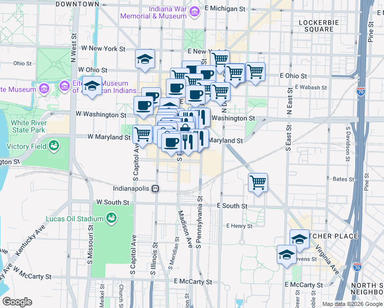 map of restaurants, bars, coffee shops, grocery stores, and more near 30 East Georgia Street in Indianapolis