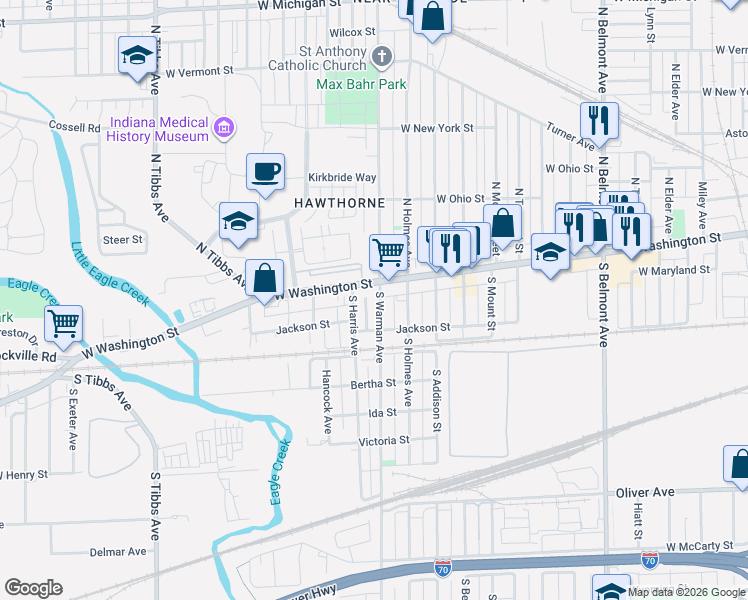 map of restaurants, bars, coffee shops, grocery stores, and more near 14 South Warman Avenue in Indianapolis
