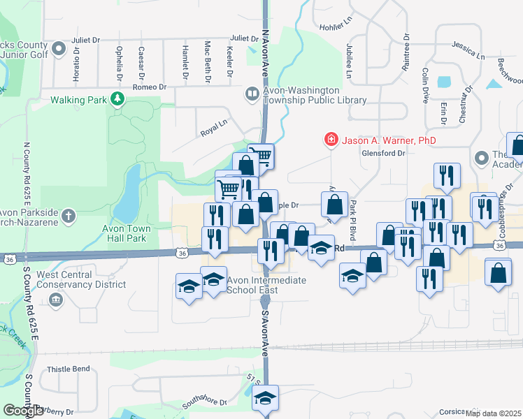 map of restaurants, bars, coffee shops, grocery stores, and more near 174 Route 267 in Avon