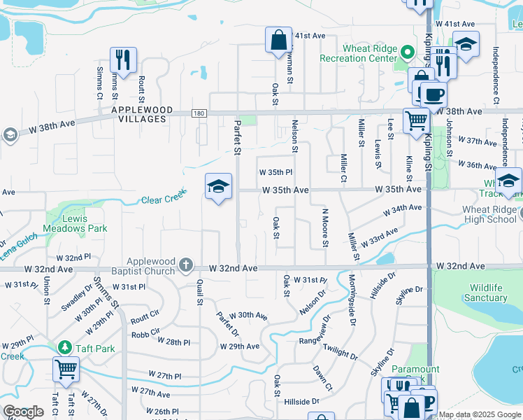 map of restaurants, bars, coffee shops, grocery stores, and more near 10780 West 35th Avenue in Wheat Ridge