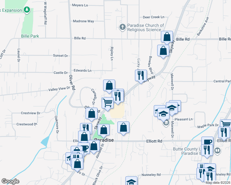 map of restaurants, bars, coffee shops, grocery stores, and more near 6166 Center Street in Paradise