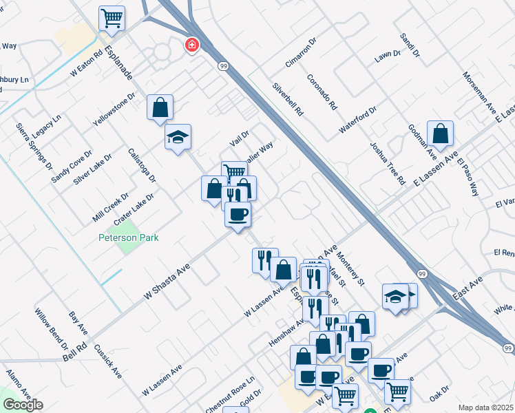 map of restaurants, bars, coffee shops, grocery stores, and more near 158 East Shasta Avenue in Chico