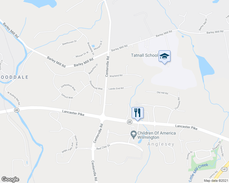 map of restaurants, bars, coffee shops, grocery stores, and more near 102 Lands End Road in Wilmington