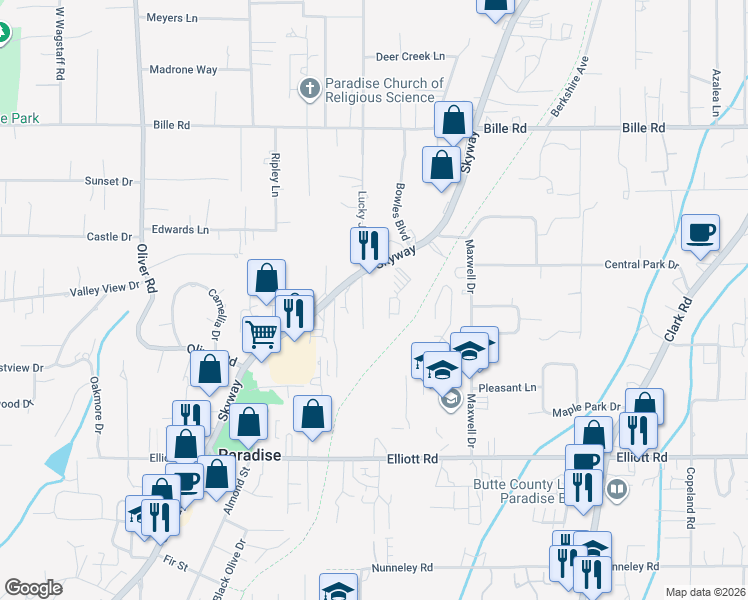 map of restaurants, bars, coffee shops, grocery stores, and more near 6102 Lucky John Road in Paradise