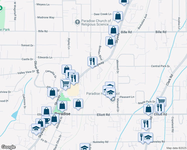map of restaurants, bars, coffee shops, grocery stores, and more near 6090 Lucky John Road in Paradise