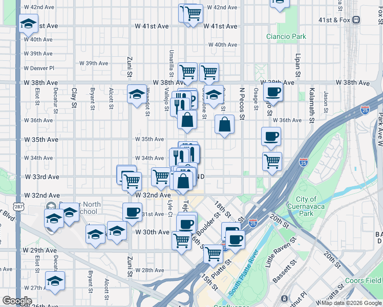 map of restaurants, bars, coffee shops, grocery stores, and more near 1969 West 34th Avenue in Denver