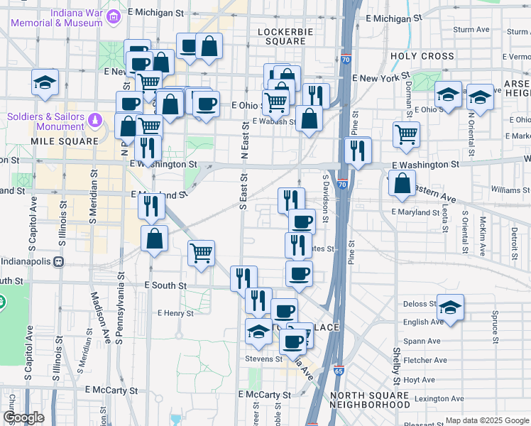map of restaurants, bars, coffee shops, grocery stores, and more near 151 South East Street in Indianapolis