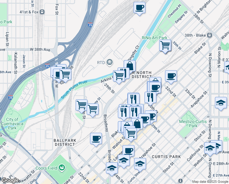map of restaurants, bars, coffee shops, grocery stores, and more near 1829 29th Street in Denver