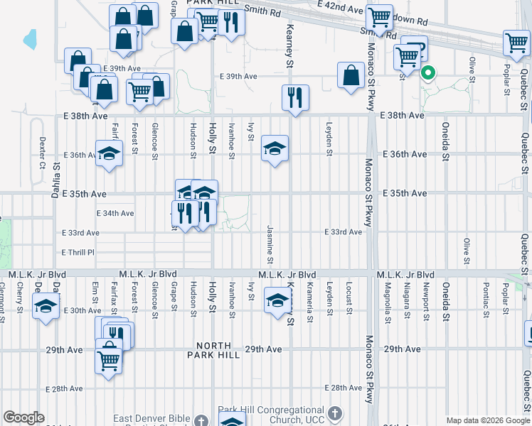 map of restaurants, bars, coffee shops, grocery stores, and more near 3363 Jasmine Street in Denver