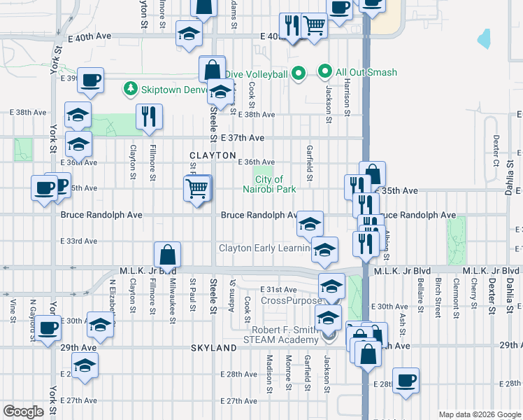 map of restaurants, bars, coffee shops, grocery stores, and more near 3440 Cook Street in Denver
