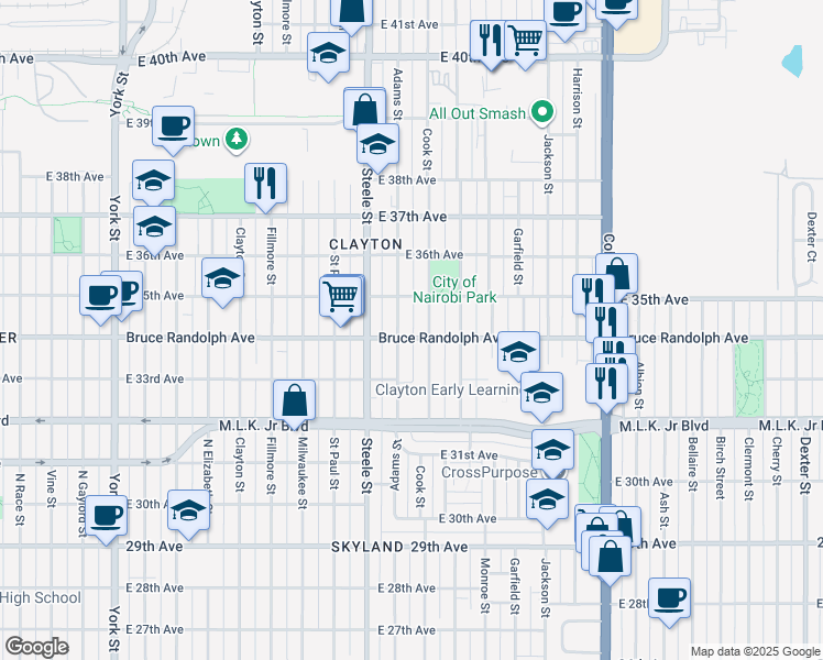 map of restaurants, bars, coffee shops, grocery stores, and more near 3440 Cook Street in Denver