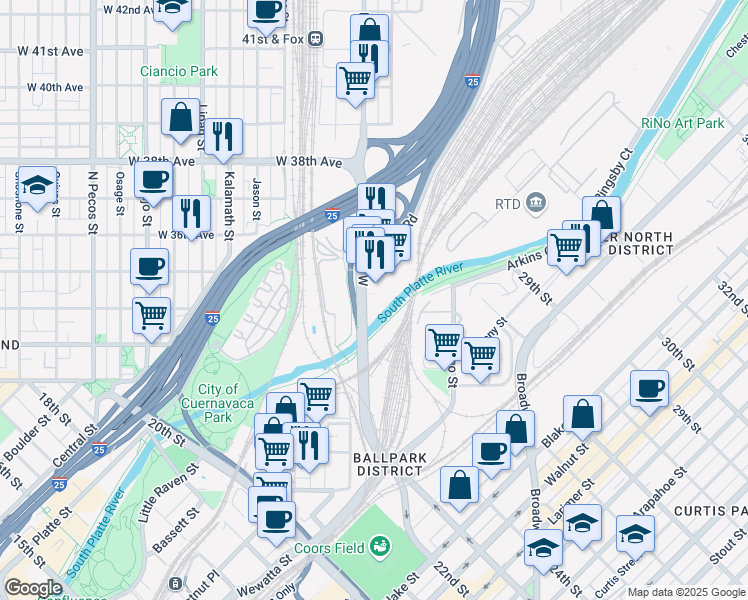 map of restaurants, bars, coffee shops, grocery stores, and more near 3460 Park Avenue West in Denver