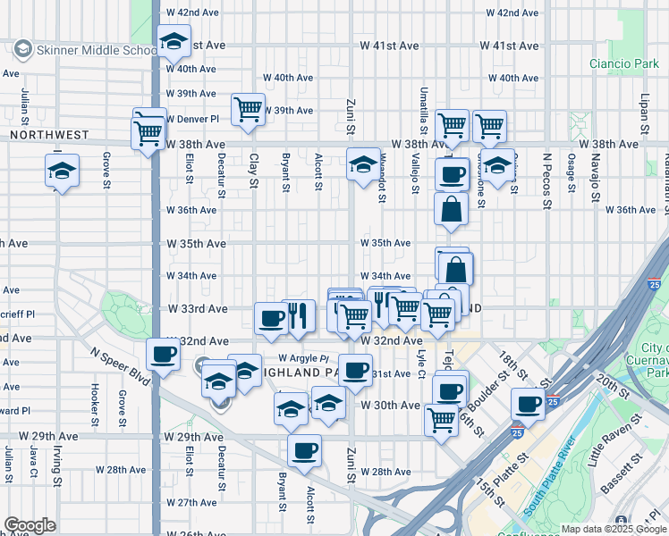 map of restaurants, bars, coffee shops, grocery stores, and more near 3423 Zuni Street in Denver