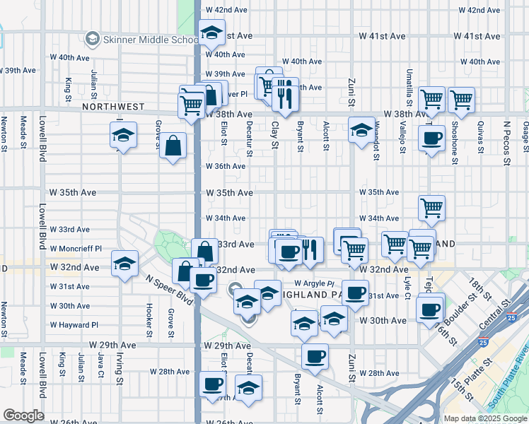 map of restaurants, bars, coffee shops, grocery stores, and more near in Denver