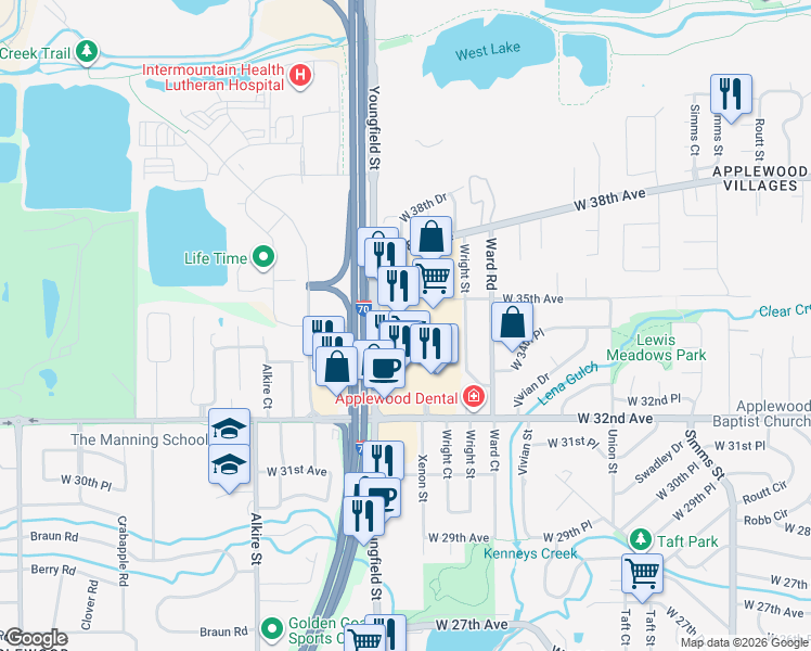 map of restaurants, bars, coffee shops, grocery stores, and more near 3500 Youngfield St in Wheat Ridge