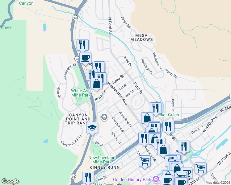 map of restaurants, bars, coffee shops, grocery stores, and more near 136 Washington Avenue in Golden