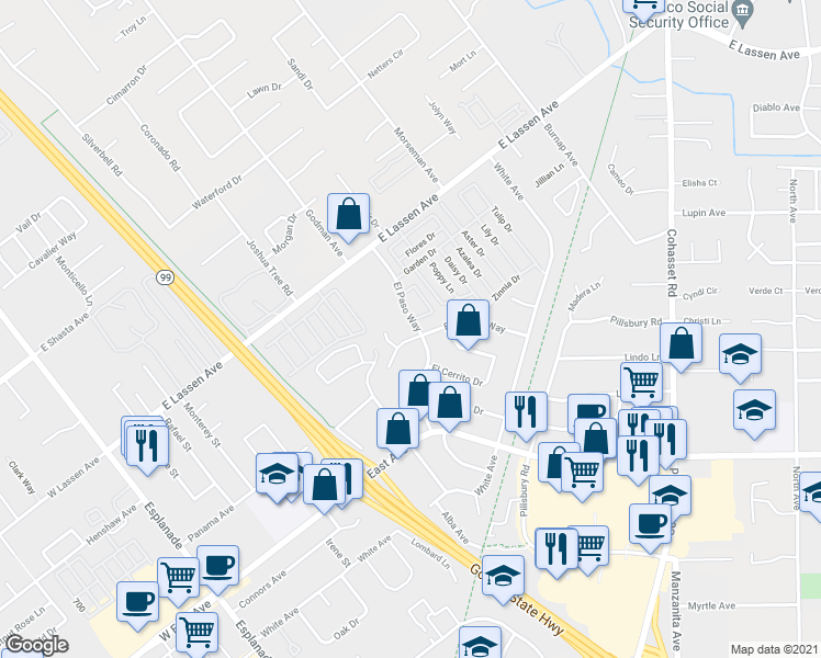 map of restaurants, bars, coffee shops, grocery stores, and more near 2675 El Paso Way in Chico