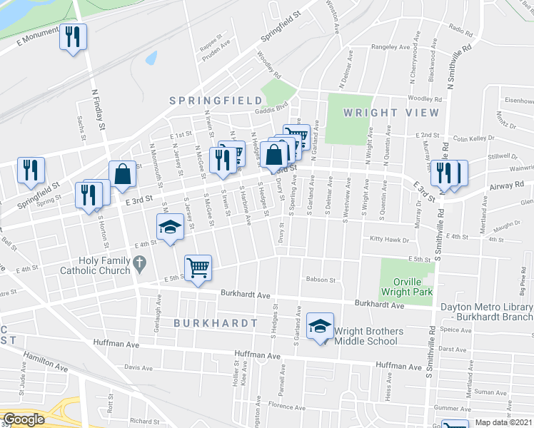 map of restaurants, bars, coffee shops, grocery stores, and more near 59 South Hedges Street in Dayton