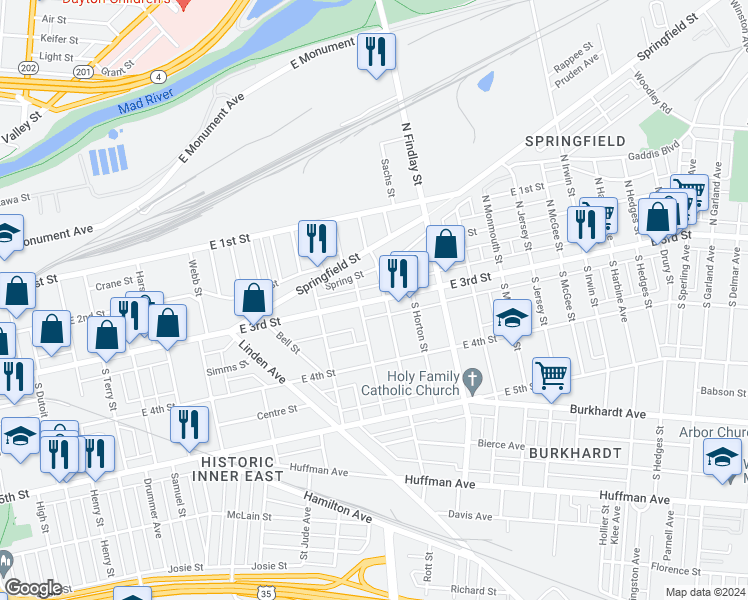 map of restaurants, bars, coffee shops, grocery stores, and more near 10 North Garfield Street in Dayton
