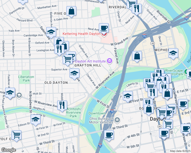map of restaurants, bars, coffee shops, grocery stores, and more near 51 Grafton Avenue in Dayton