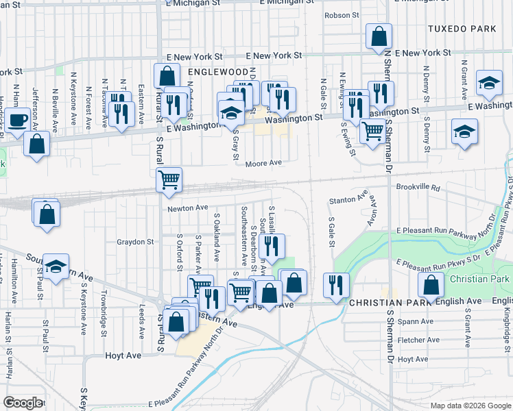 map of restaurants, bars, coffee shops, grocery stores, and more near 3130 Newton Avenue in Indianapolis