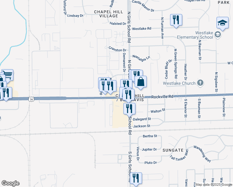 map of restaurants, bars, coffee shops, grocery stores, and more near 7336 Rockville Road in Indianapolis
