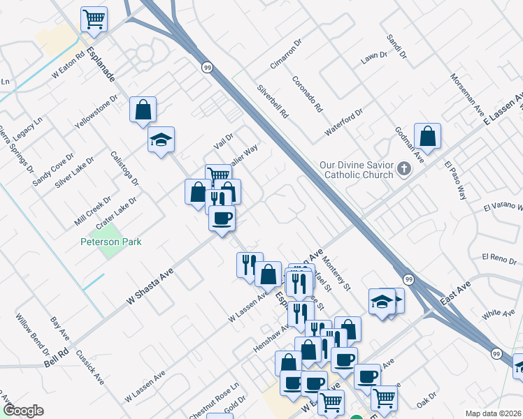 map of restaurants, bars, coffee shops, grocery stores, and more near 199 East Shasta Avenue in Chico