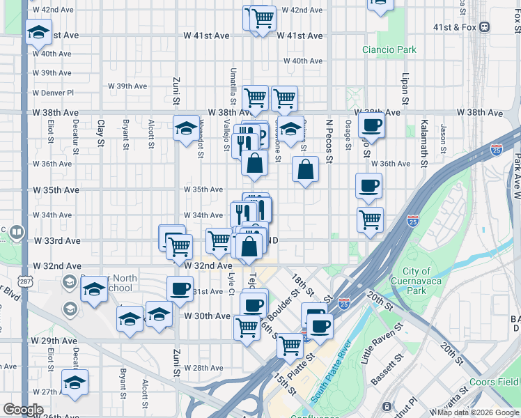 map of restaurants, bars, coffee shops, grocery stores, and more near 1969 West 34th Avenue in Denver