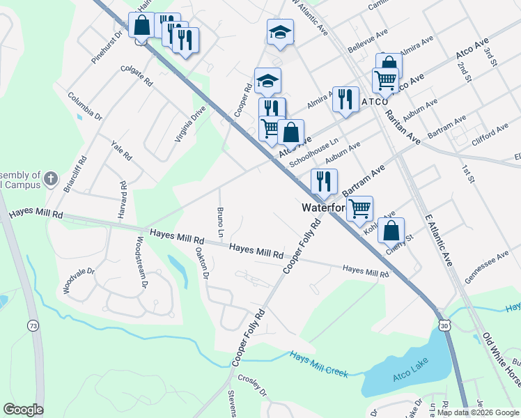 map of restaurants, bars, coffee shops, grocery stores, and more near 180 Bartal Court in Waterford