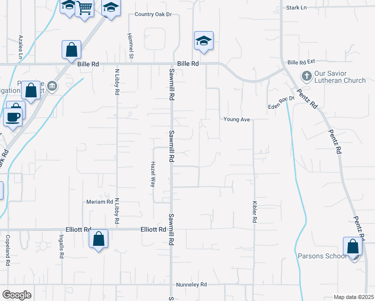map of restaurants, bars, coffee shops, grocery stores, and more near 6019 Peck Lane in Paradise