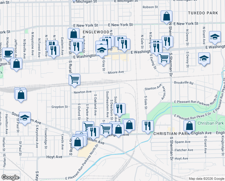 map of restaurants, bars, coffee shops, grocery stores, and more near 3130 Newton Avenue in Indianapolis