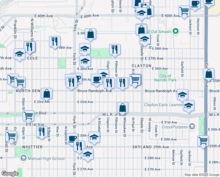 map of restaurants, bars, coffee shops, grocery stores, and more near 3404 Clayton Street in Denver