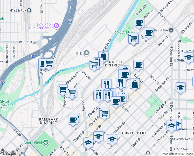map of restaurants, bars, coffee shops, grocery stores, and more near 2950 Brighton Boulevard in Denver
