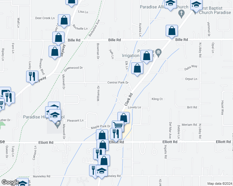 map of restaurants, bars, coffee shops, grocery stores, and more near 991 Saxberg Drive in Paradise