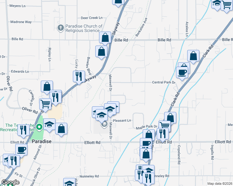 map of restaurants, bars, coffee shops, grocery stores, and more near 1080 Fairview Drive in Paradise