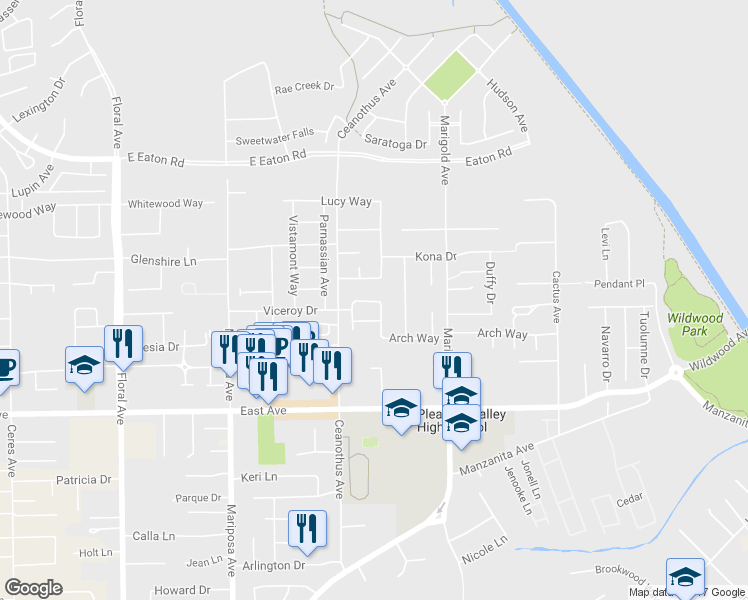 map of restaurants, bars, coffee shops, grocery stores, and more near 1285 Arch Way in Chico