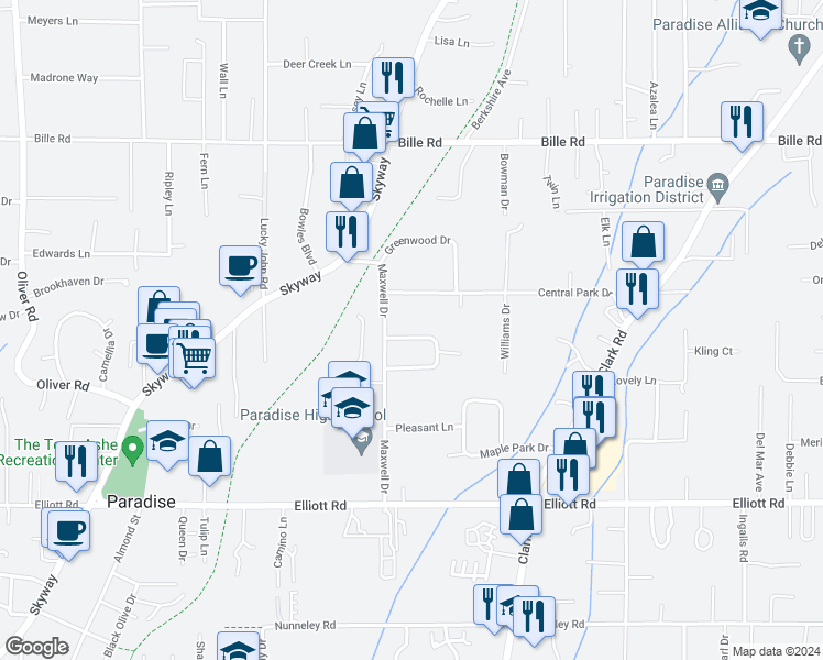 map of restaurants, bars, coffee shops, grocery stores, and more near 1080 Fairview Drive in Paradise
