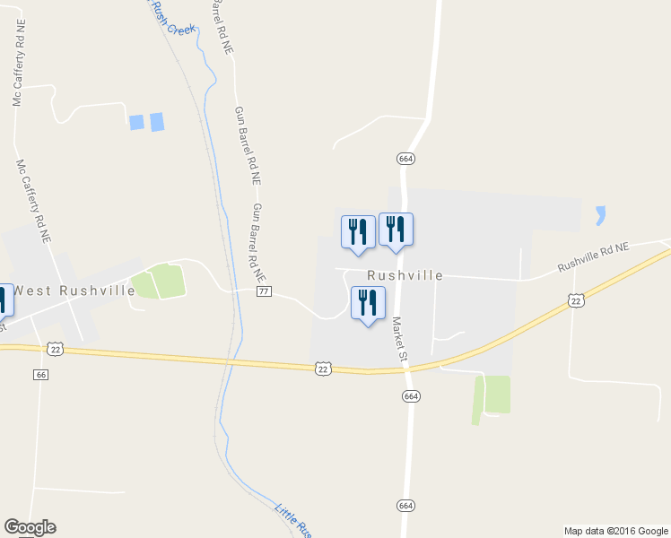 map of restaurants, bars, coffee shops, grocery stores, and more near 8001 Main Street in Rushville