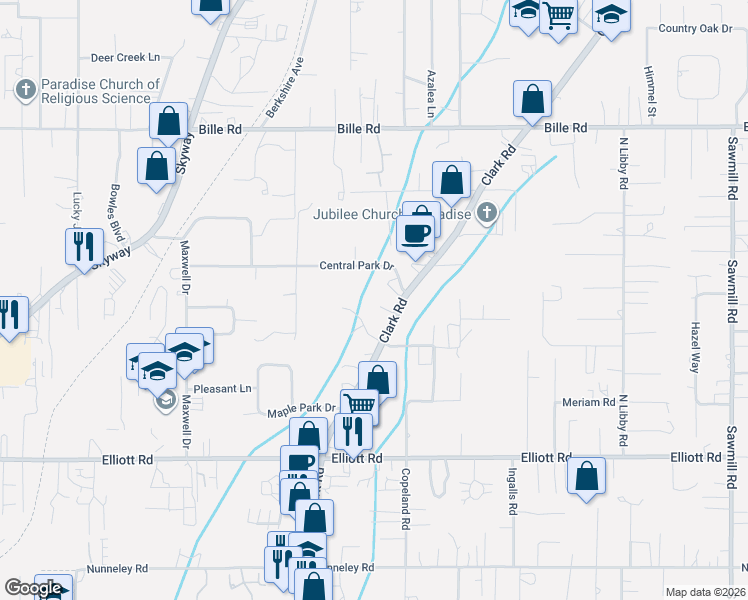 map of restaurants, bars, coffee shops, grocery stores, and more near 1001 Brookwood Circle in Paradise