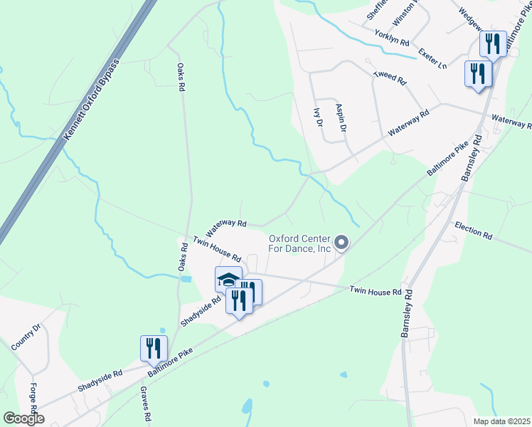 map of restaurants, bars, coffee shops, grocery stores, and more near 135 Waterway Rd in Oxford