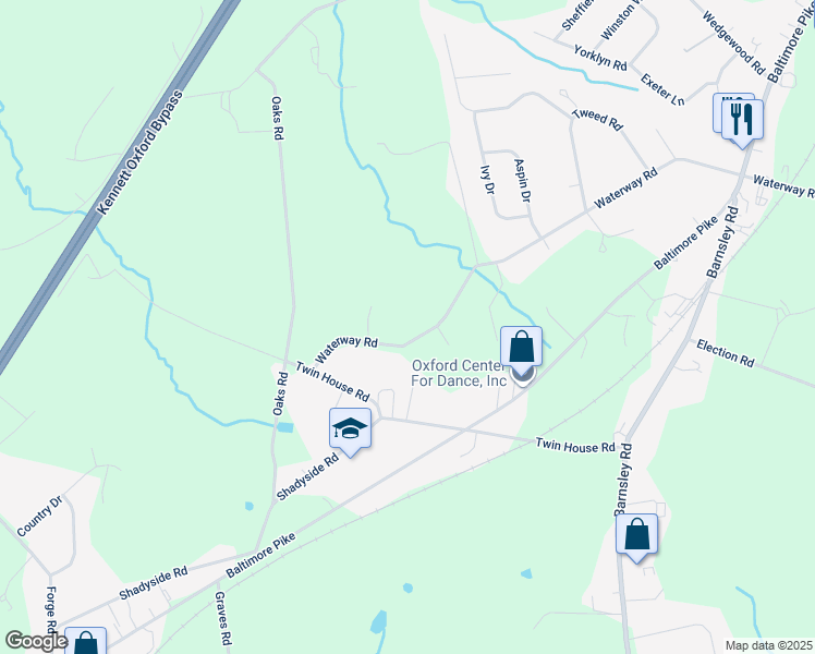 map of restaurants, bars, coffee shops, grocery stores, and more near 135 Waterway Rd in Oxford