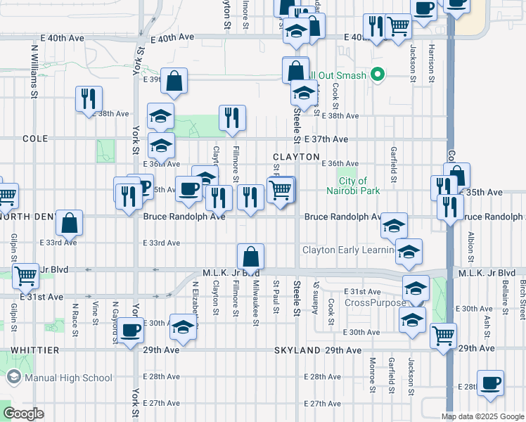 map of restaurants, bars, coffee shops, grocery stores, and more near 3408 Milwaukee Street in Denver