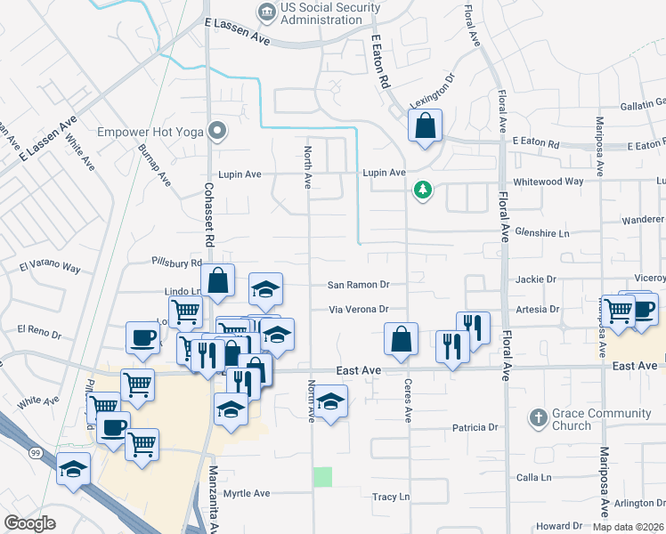 map of restaurants, bars, coffee shops, grocery stores, and more near 1063 La Mesa Drive in Chico