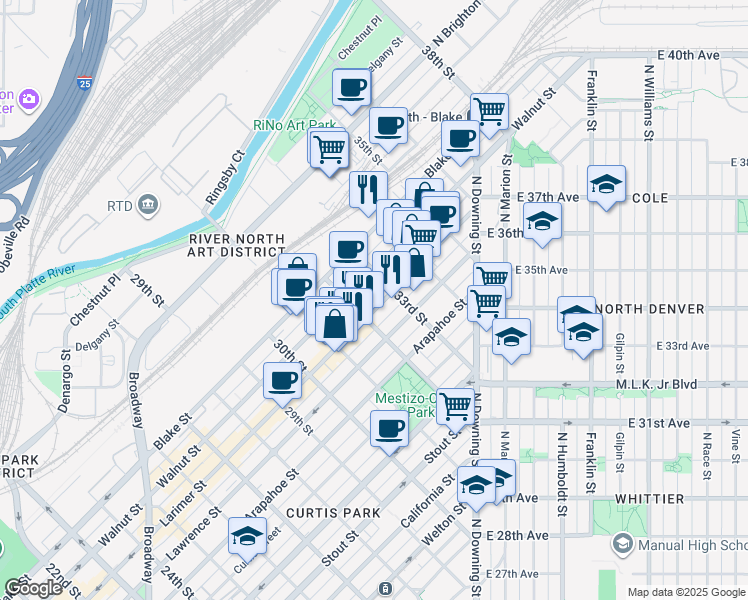 map of restaurants, bars, coffee shops, grocery stores, and more near 3245 Larimer Street in Denver